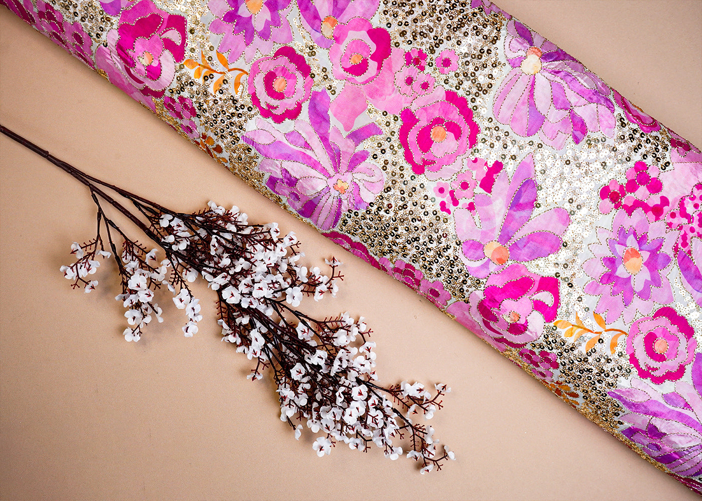 Pink Crepe Fabric with All Over Zari and Sequins Work with Floral Print 16065