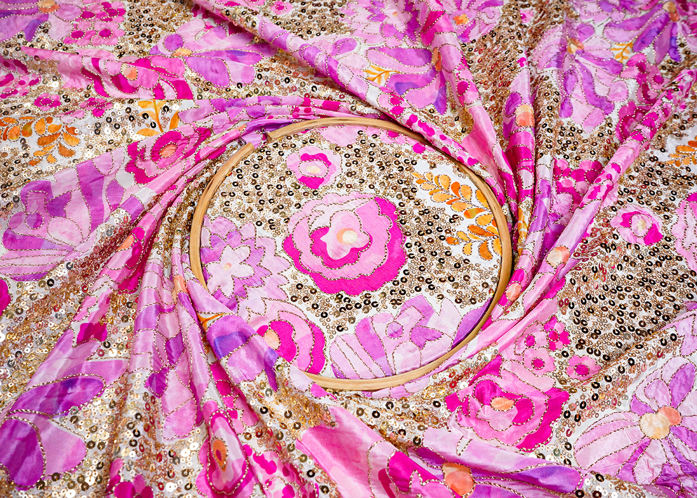 Pink Crepe Fabric with All Over Zari and Sequins Work with Floral Print 16065