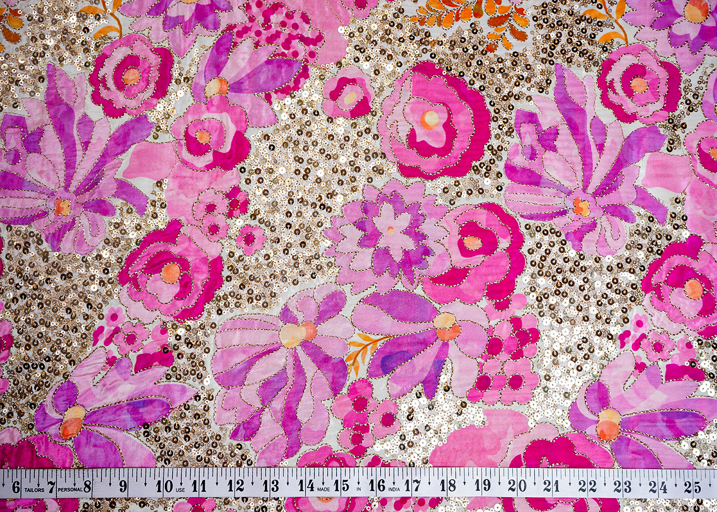 Pink Crepe Fabric with All Over Zari and Sequins Work with Floral Print 16065