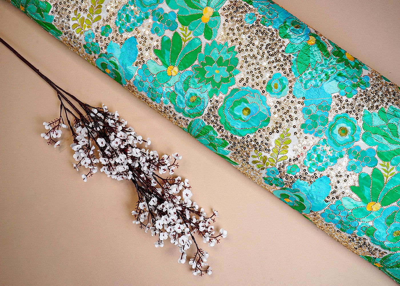 Sea Green Crepe Fabric with All Over Zari and Sequins Work with Floral Print 16066