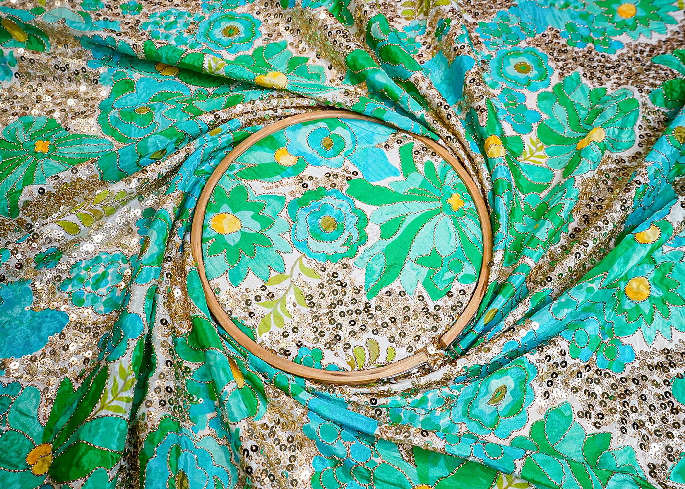 Sea Green Crepe Fabric with All Over Zari and Sequins Work with Floral Print 16066
