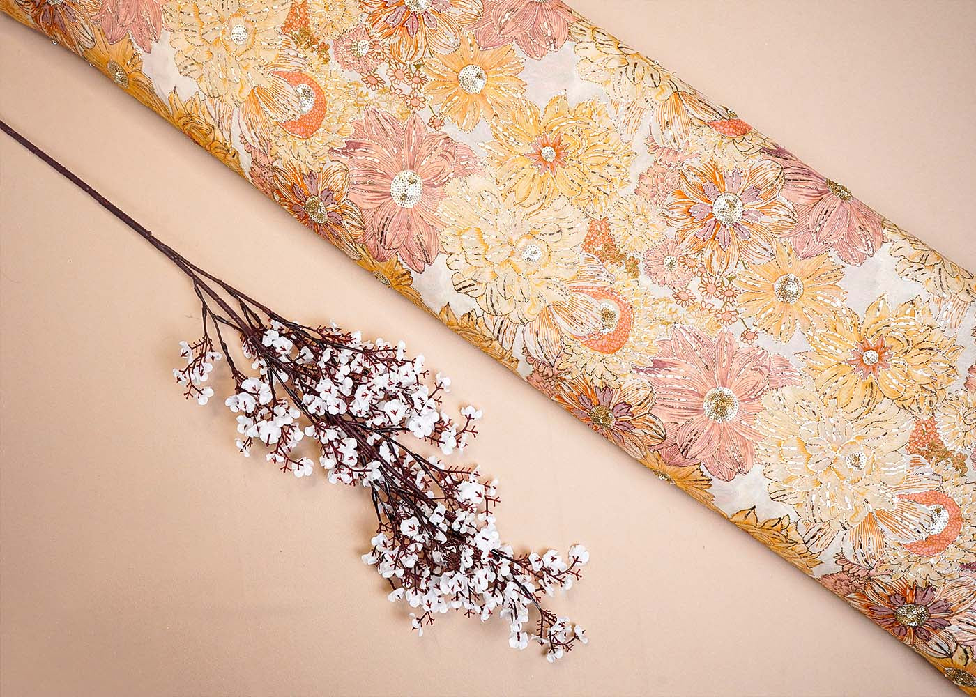 Cream Organza Fabric with All Over Zari and Sequins Work with Floral Print 16067