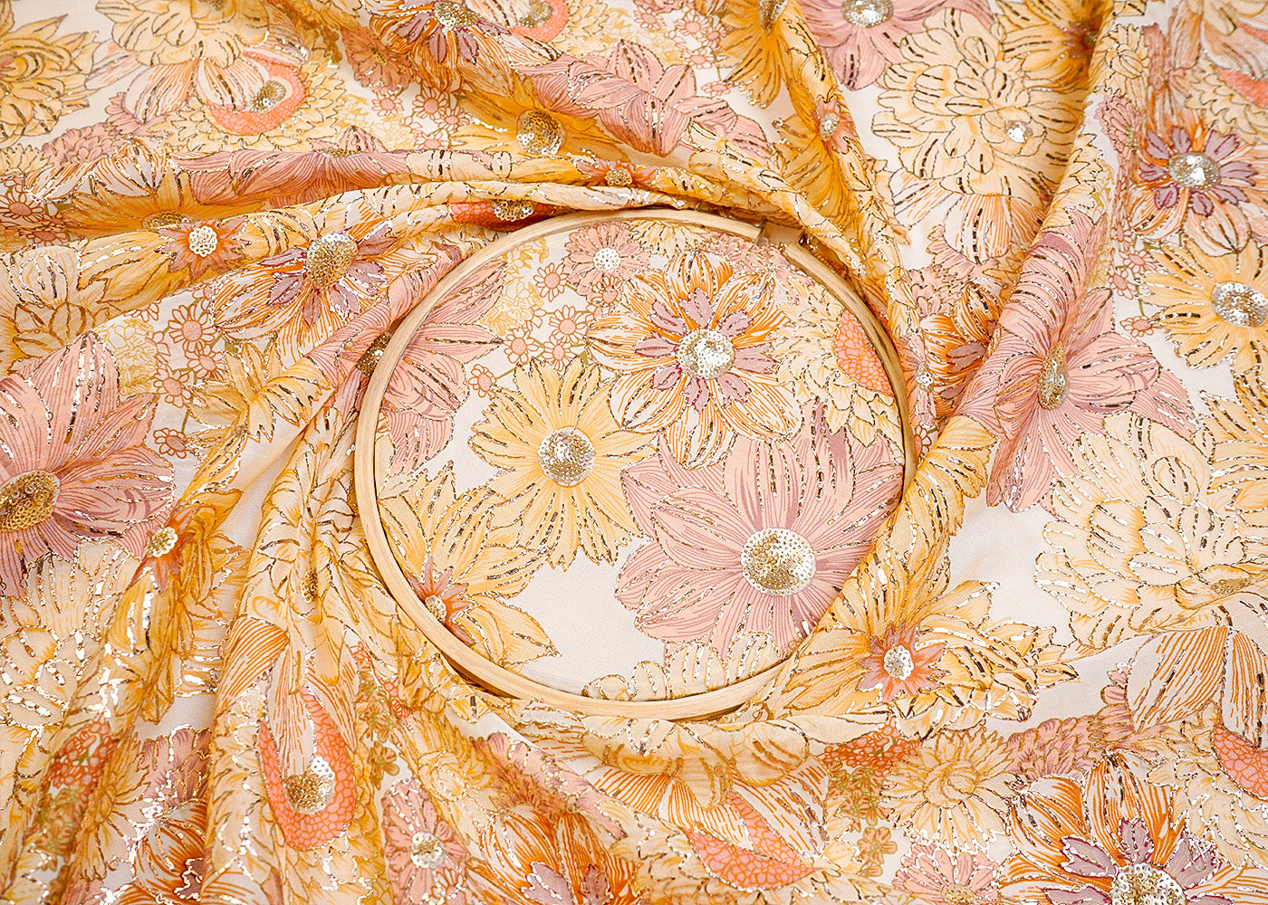Cream Organza Fabric with All Over Zari and Sequins Work with Floral Print 16067