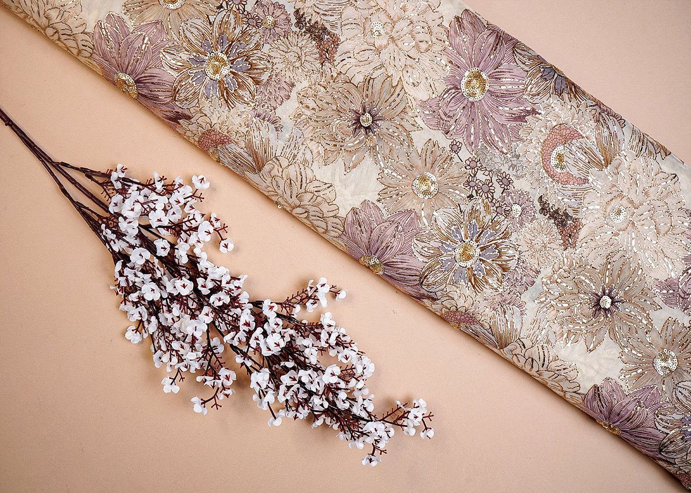 Tan Organza Fabric with All Over Zari and Sequins Work with Floral Print 16068