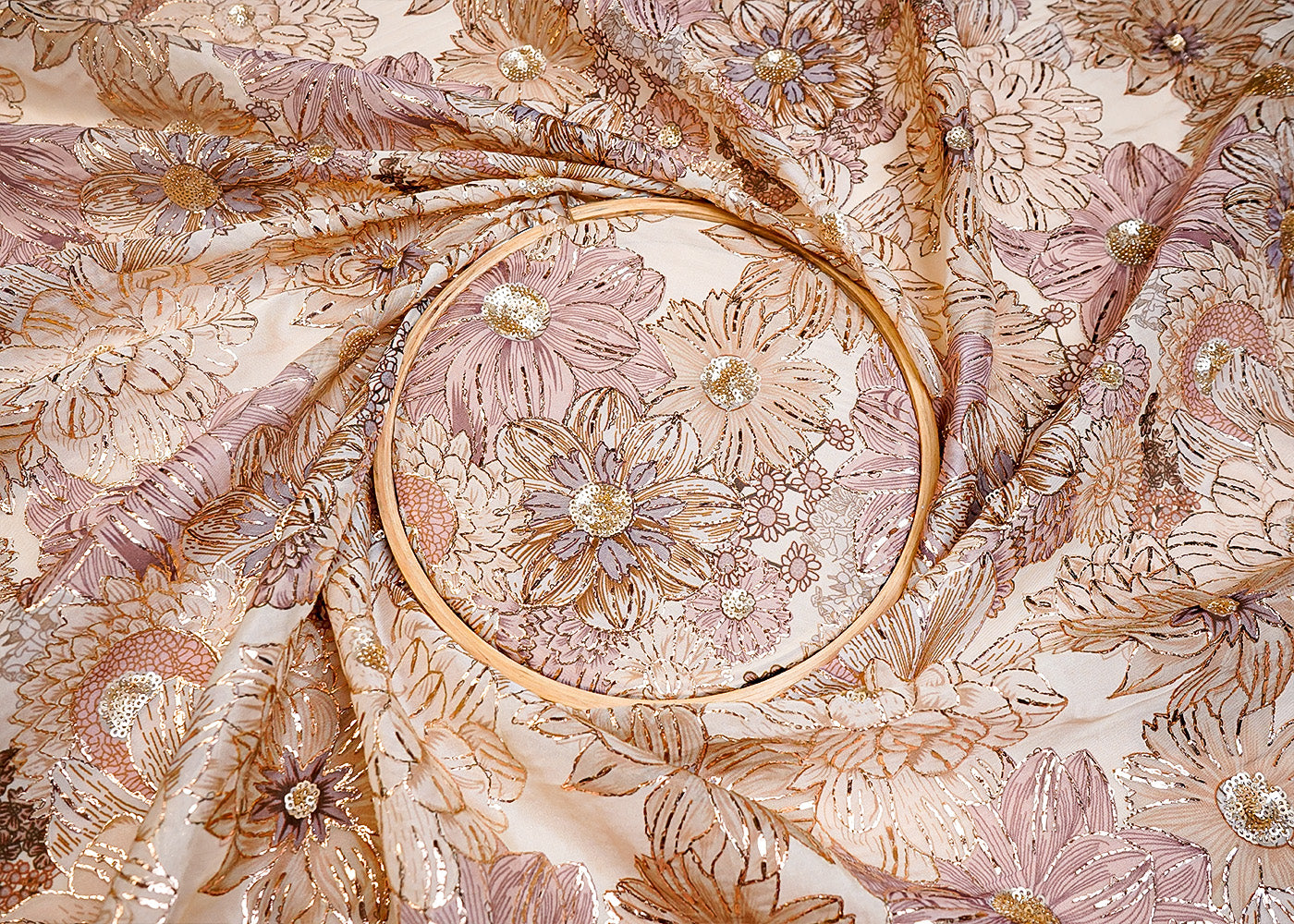 Tan Organza Fabric with All Over Zari and Sequins Work with Floral Print 16068