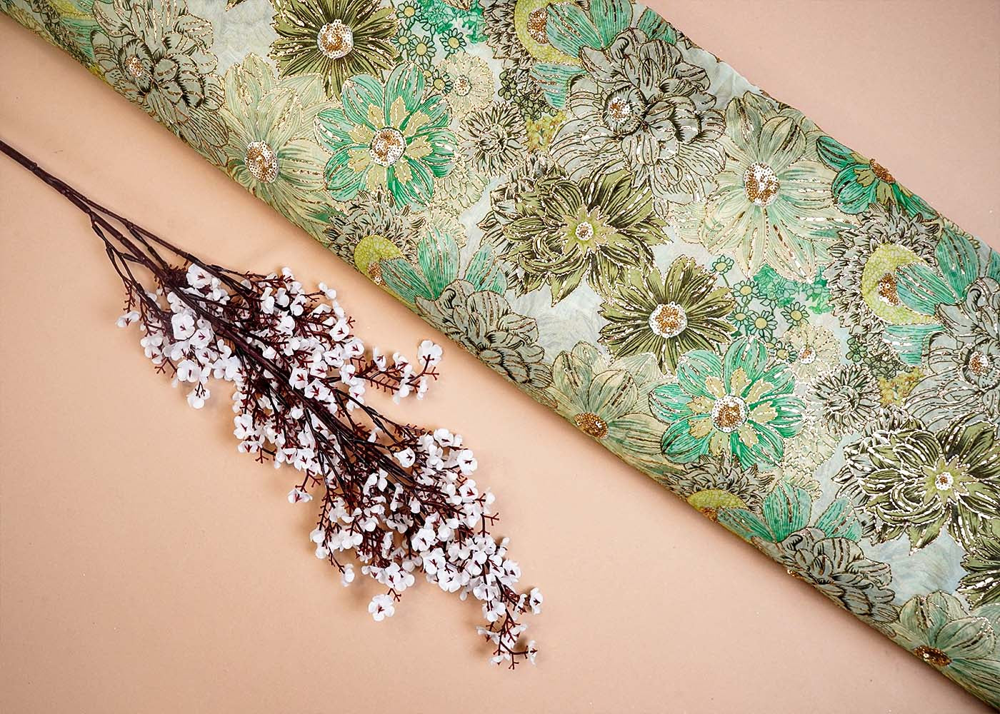Green Organza Fabric with All Over Zari and Sequins Work with Floral Print 16069