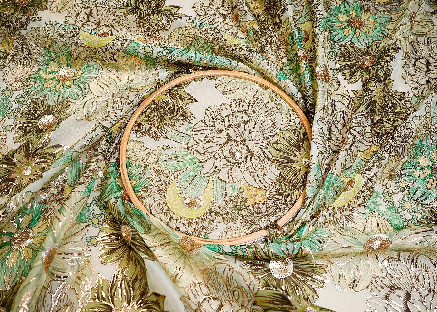 Green Organza Fabric with All Over Zari and Sequins Work with Floral Print 16069