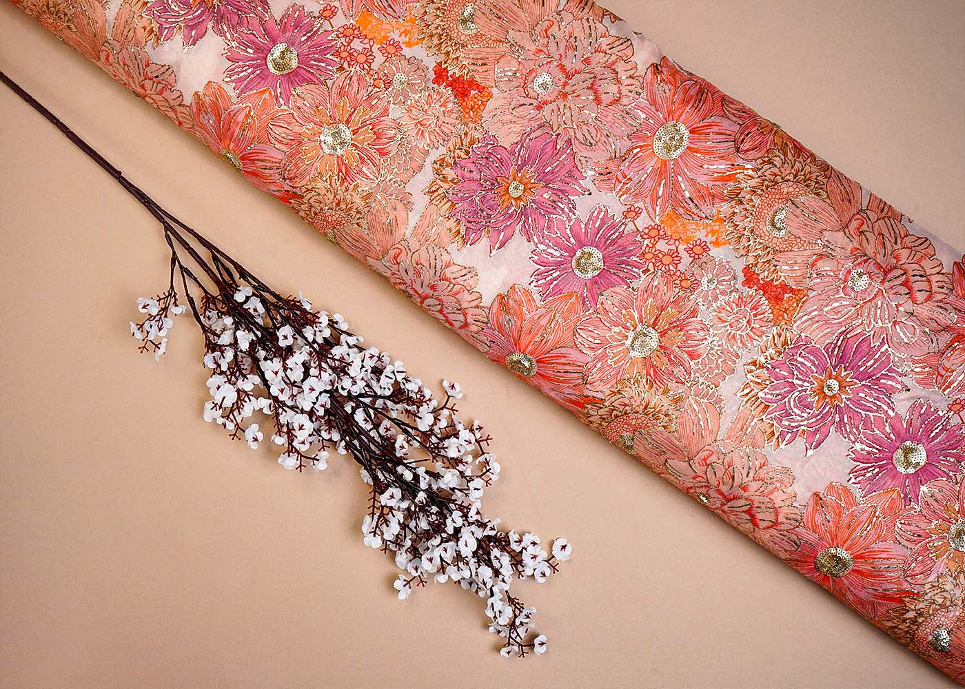 Peach Organza Fabric with All Over Zari and Sequins Work with Floral Print 16070
