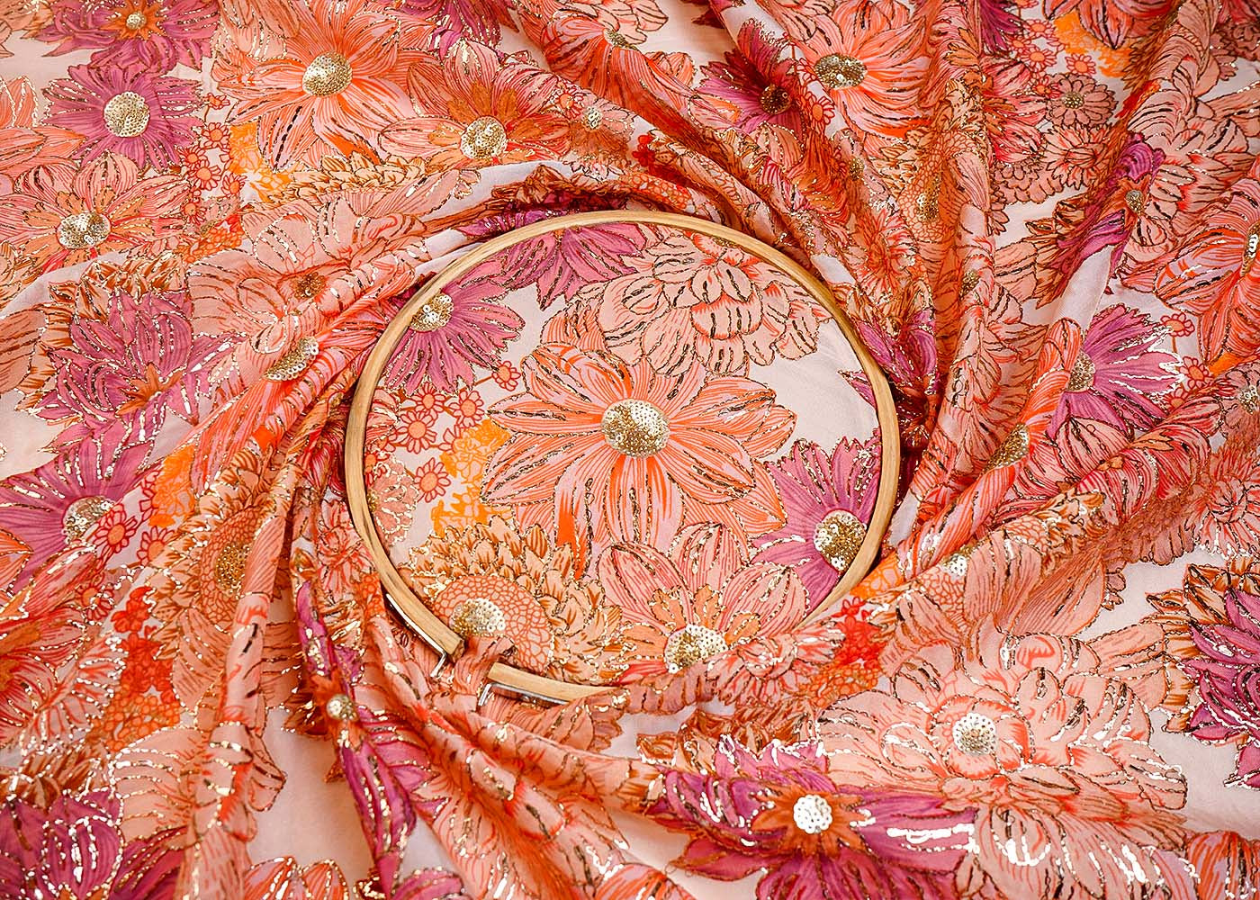 Peach Organza Fabric with All Over Zari and Sequins Work with Floral Print 16070