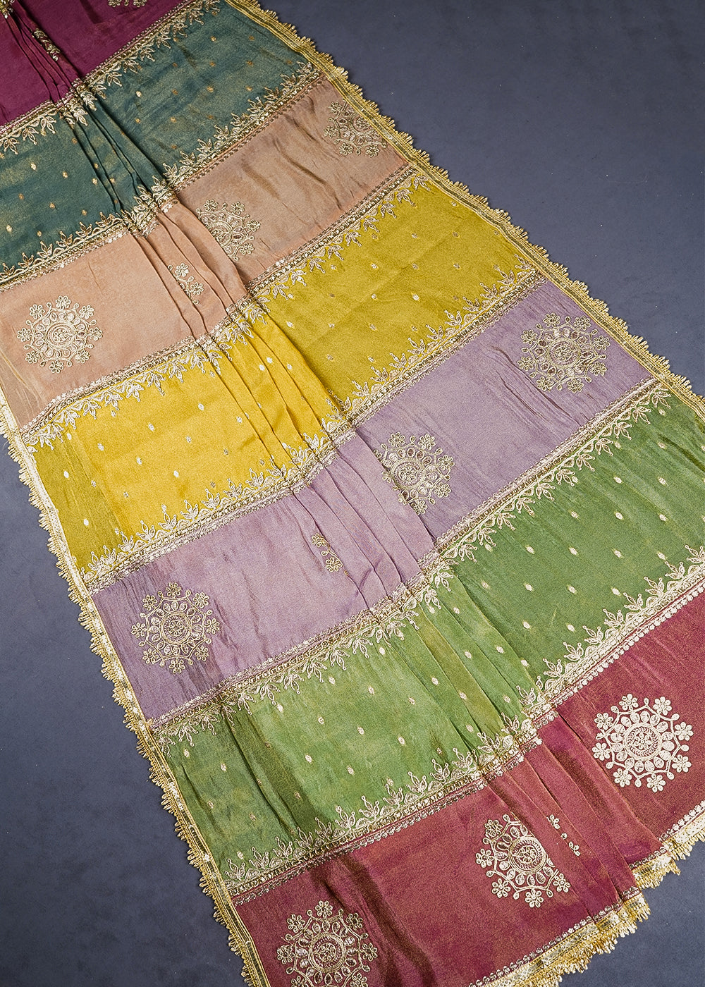 Multi Colour Tissue Dupatta with Allover Zari and Gota Patti Work 16071