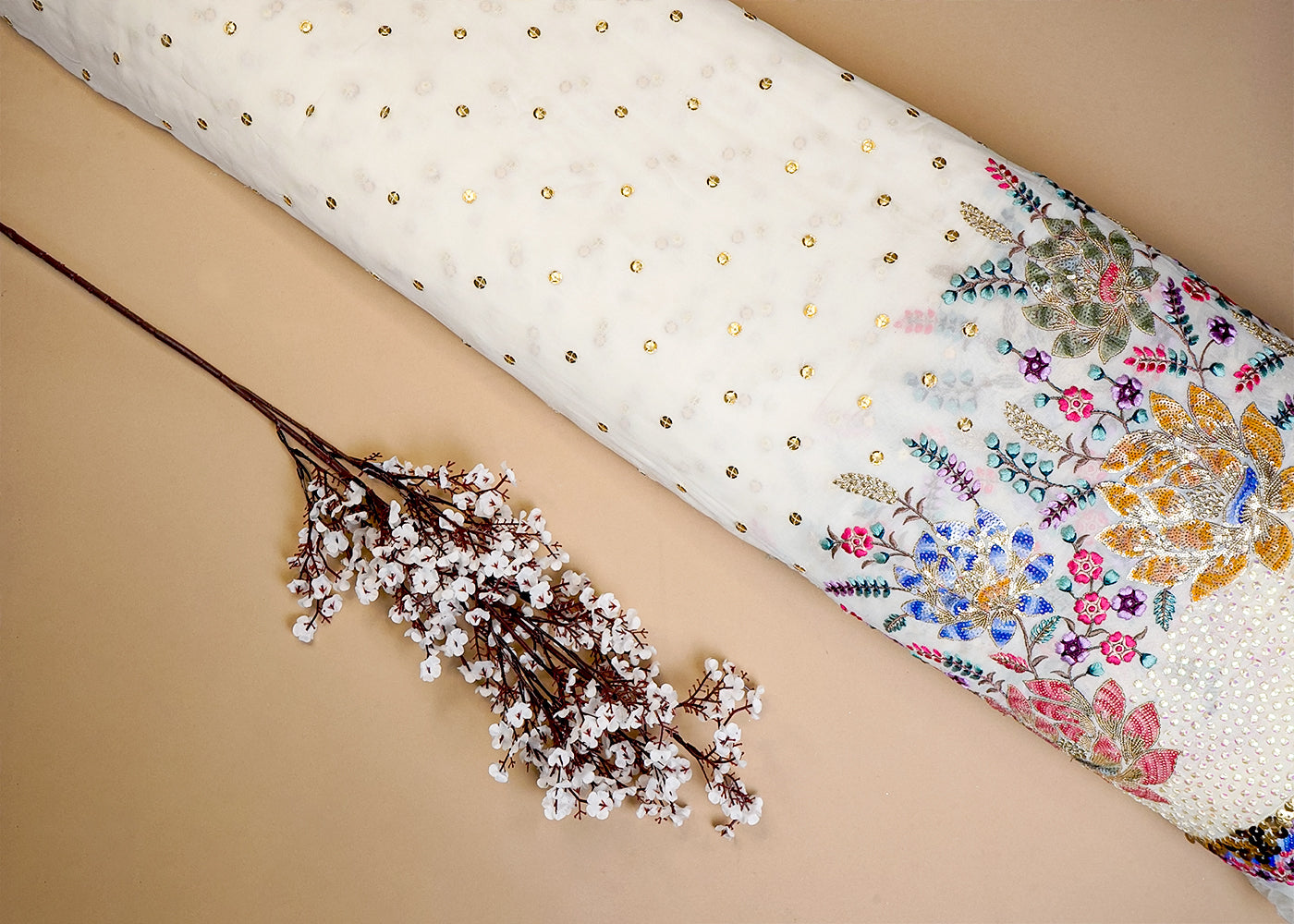 White Georgette Fabric with All Over Thread and Sequins Work with One Side Border 16072
