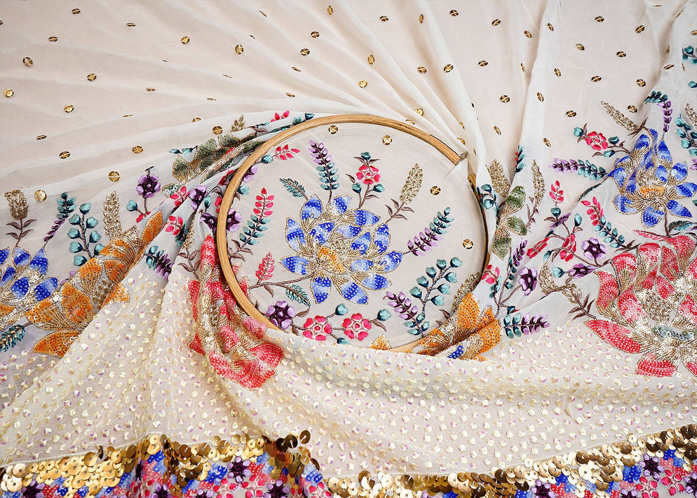 White Georgette Fabric with All Over Thread and Sequins Work with One Side Border 16072