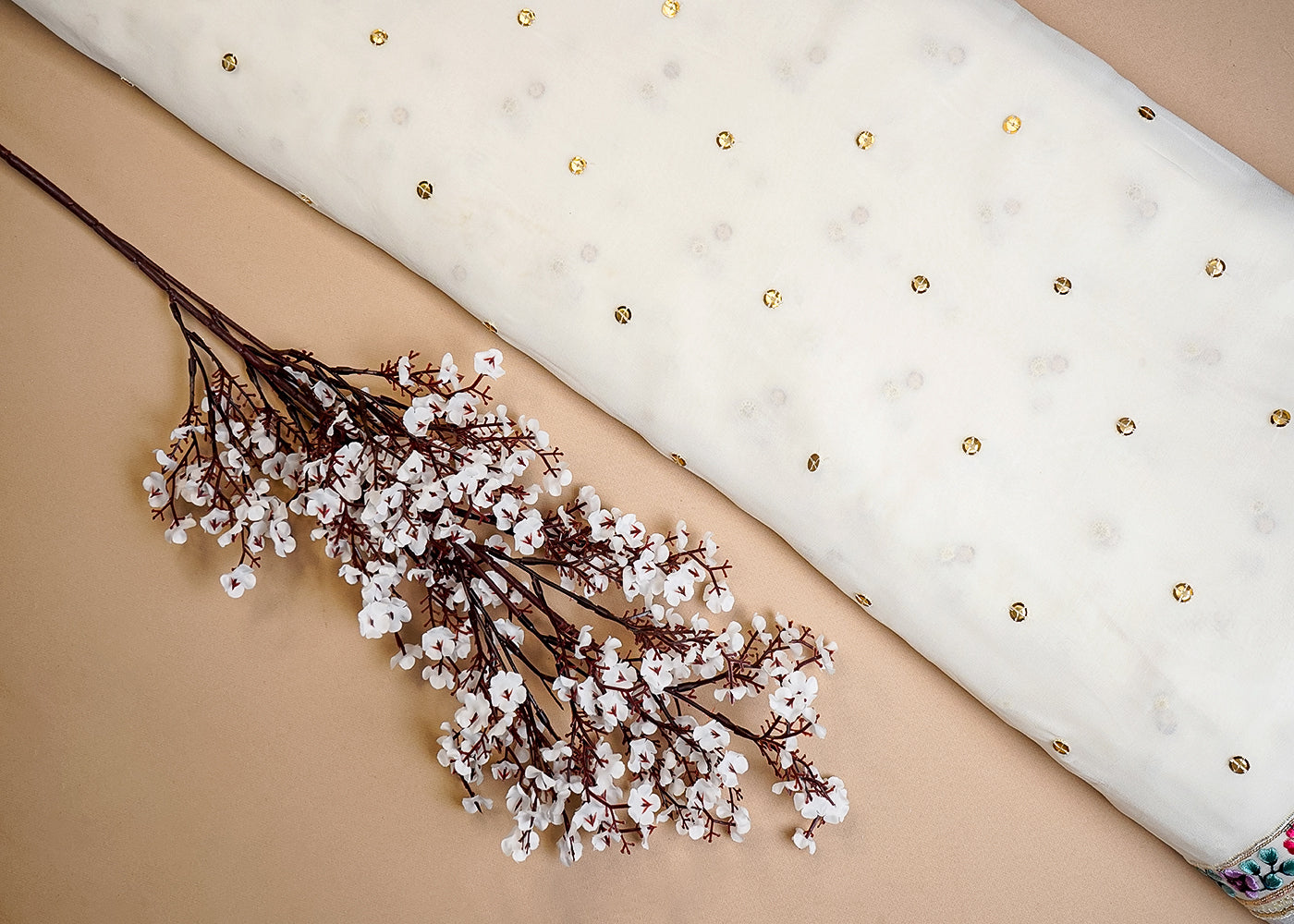 White Georgette Fabric with All Over Thread and Sequins Work with Two Side Border 16073