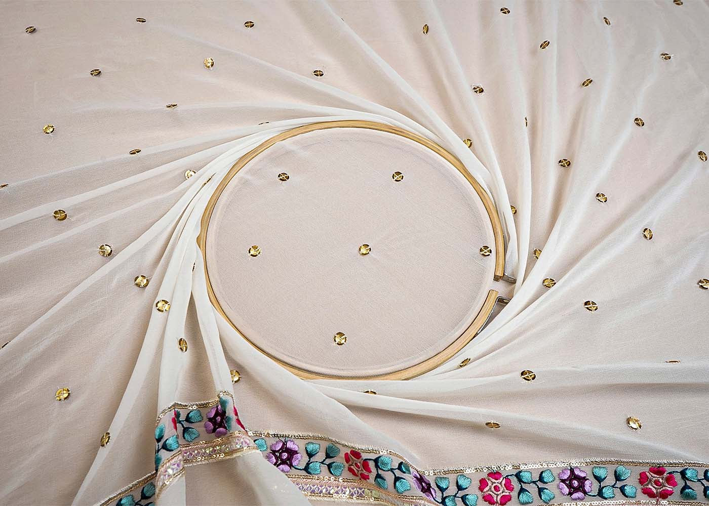 White Georgette Fabric with All Over Thread and Sequins Work with Two Side Border 16073