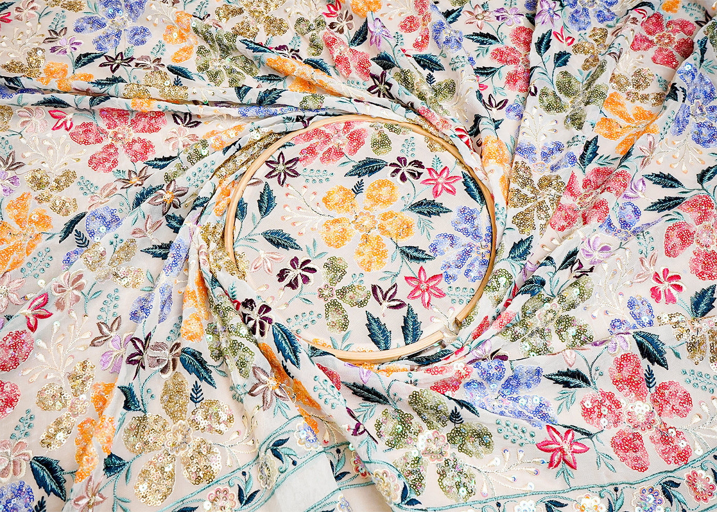 White Georgette Fabric with All Over Thread and Sequins Work with One Side Border 16074