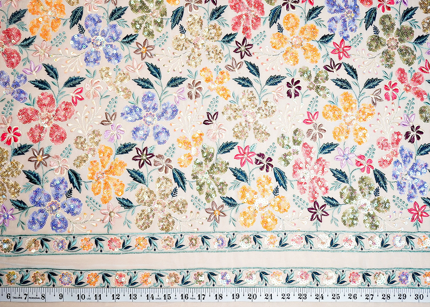 White Georgette Fabric with All Over Thread and Sequins Work with One Side Border 16074