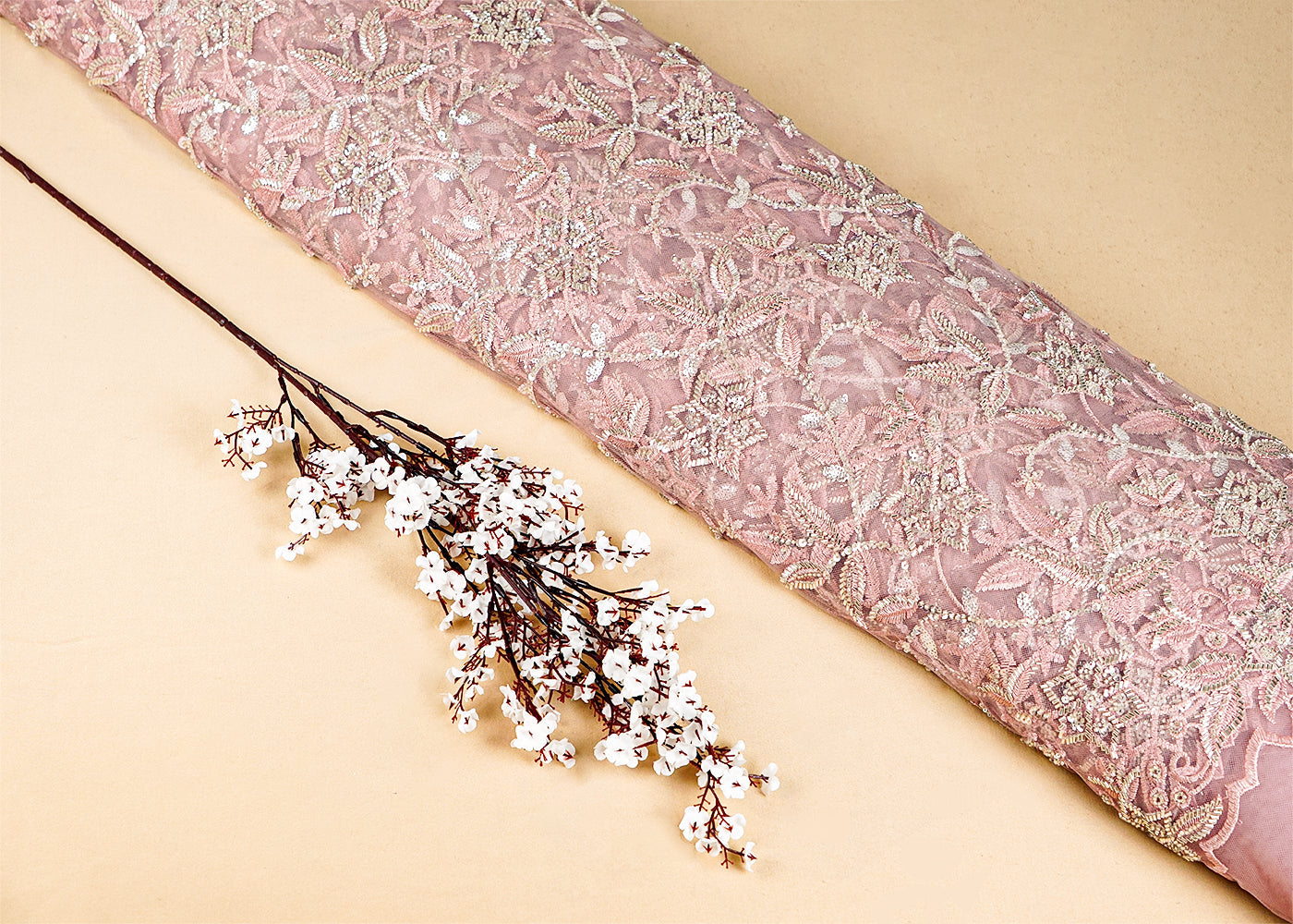 Onion Imported Net Fabric with All Over Katdana, Thread and Sequins Work with One Side Heavy Scalloped Border 16075