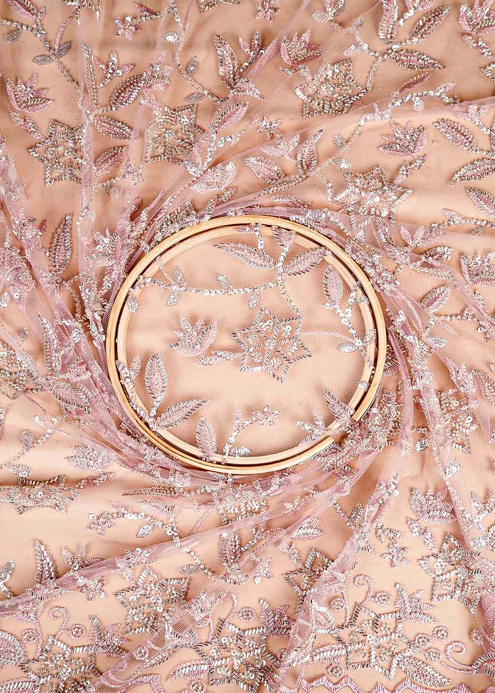 Onion Imported Net Fabric with All Over Katdana, Thread and Sequins Work with One Side Heavy Scalloped Border 16075
