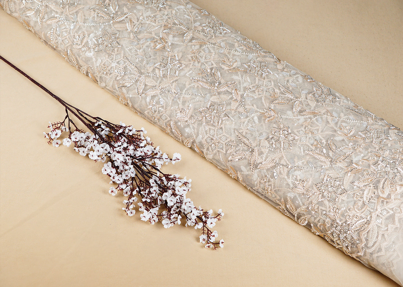 Cream Imported Net Fabric with All Over Katdana, Thread and Sequins Work with One Side Heavy Scalloped Border 16077