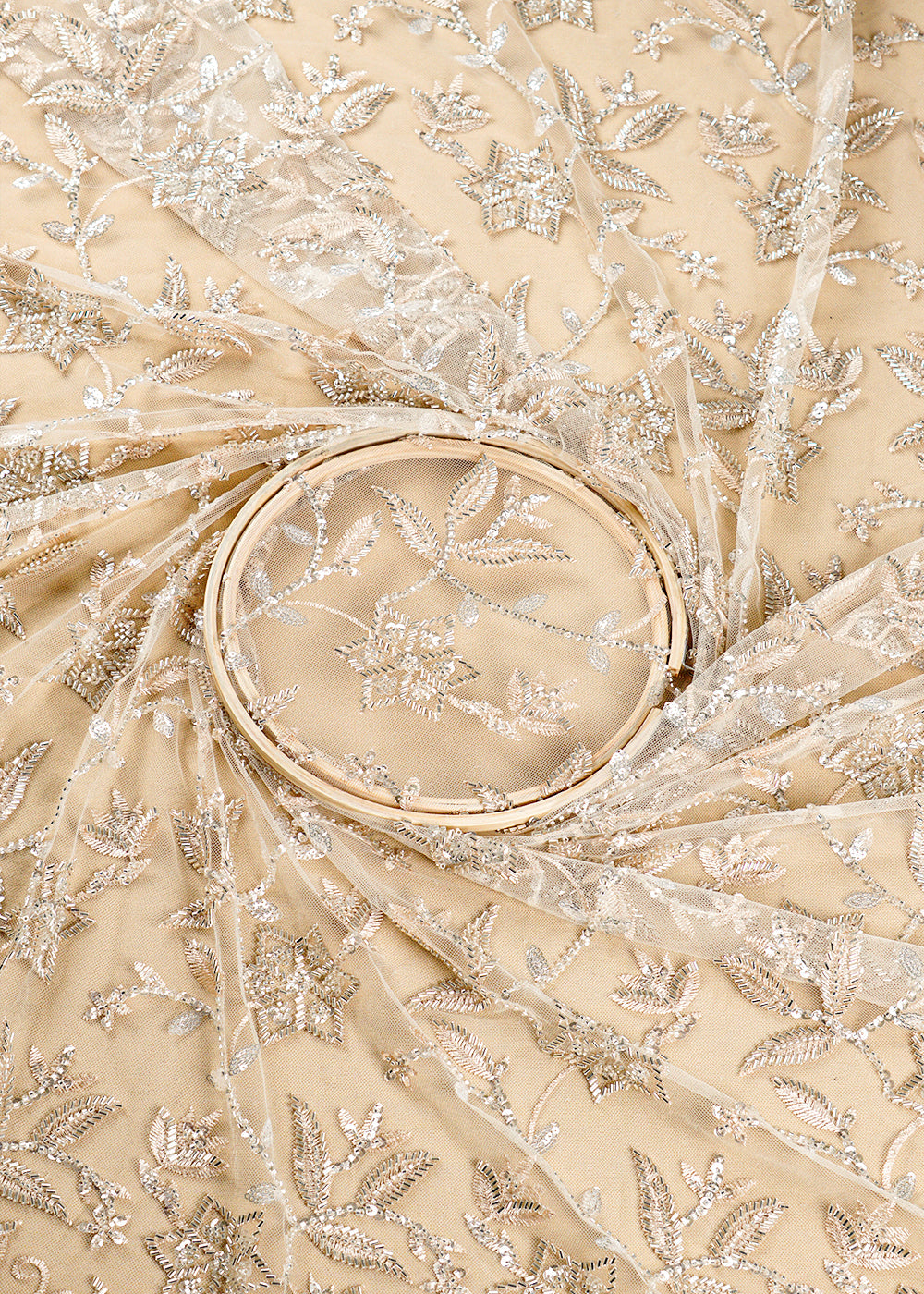 Cream Imported Net Fabric with All Over Katdana, Thread and Sequins Work with One Side Heavy Scalloped Border 16077