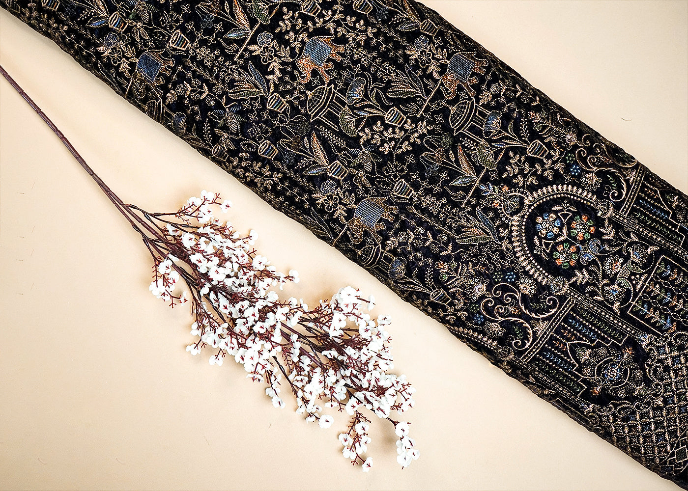 Navy Blue Velvet Fabric with All Over Thread and Sequins Work with One Side Heavy Border 16082