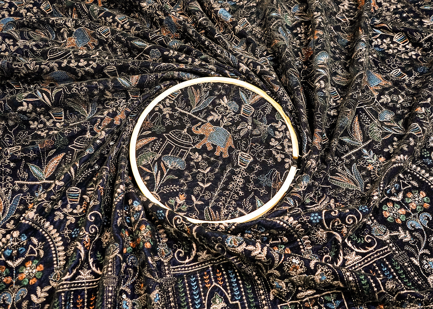 Navy Blue Velvet Fabric with All Over Thread and Sequins Work with One Side Heavy Border 16082