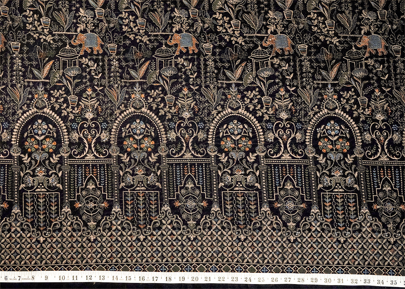 Navy Blue Velvet Fabric with All Over Thread and Sequins Work with One Side Heavy Border 16082