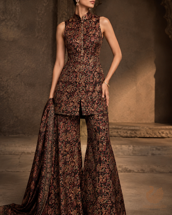 Brown Pure Banarasi Brocade Fabric with All Over  Swarovski Work and Thread Handloom 16084
