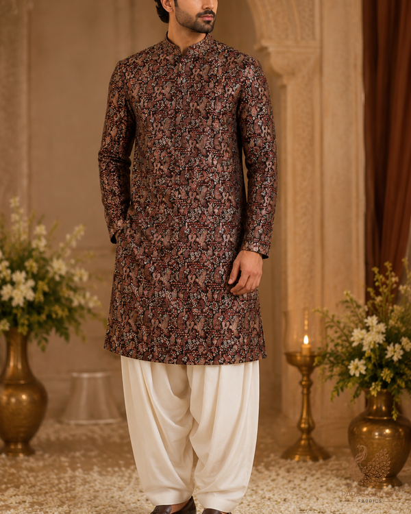 Brown Pure Banarasi Brocade Fabric with All Over  Swarovski Work and Thread Handloom 16084