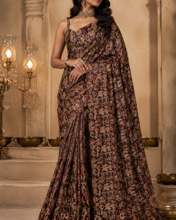 Brown Pure Banarasi Brocade Fabric with All Over  Swarovski Work and Thread Handloom 16084