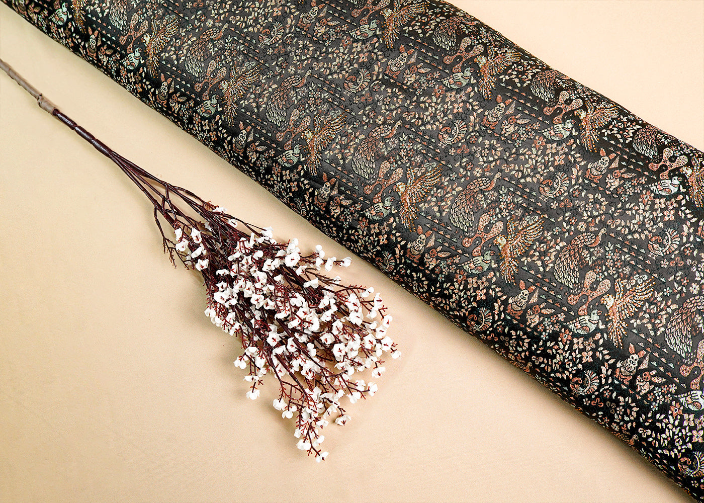 Black Banarasi Brocade Fabric with All Over Thread Handloom and Swarovski Work 16085