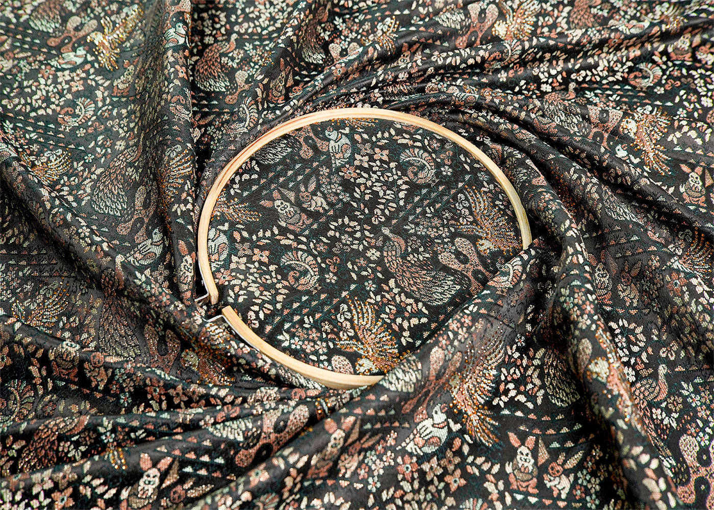 Black Banarasi Brocade Fabric with All Over Thread Handloom and Swarovski Work 16085