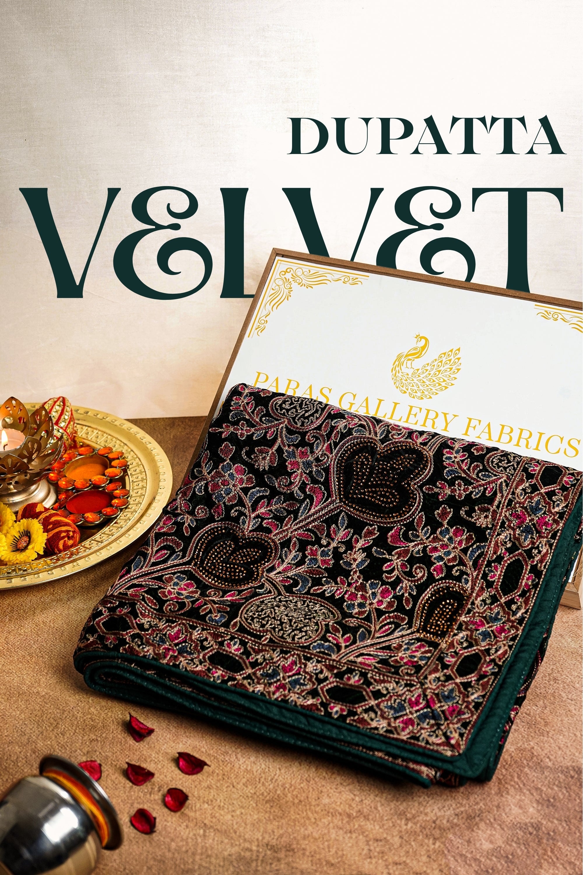 Bottle Green Velvet Dupatta With All Over Thread And Sarwoski Work 16090