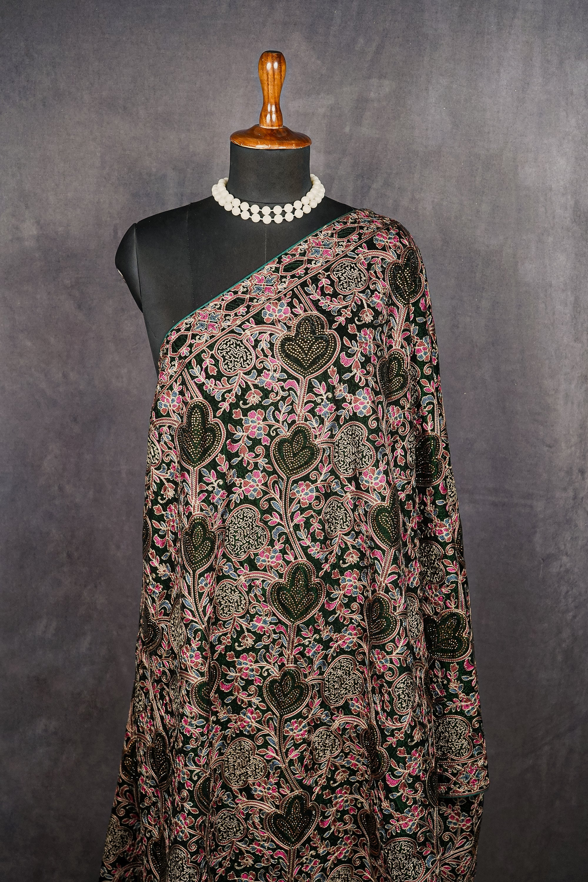 Bottle Green Velvet Dupatta With All Over Thread And Sarwoski Work 16090