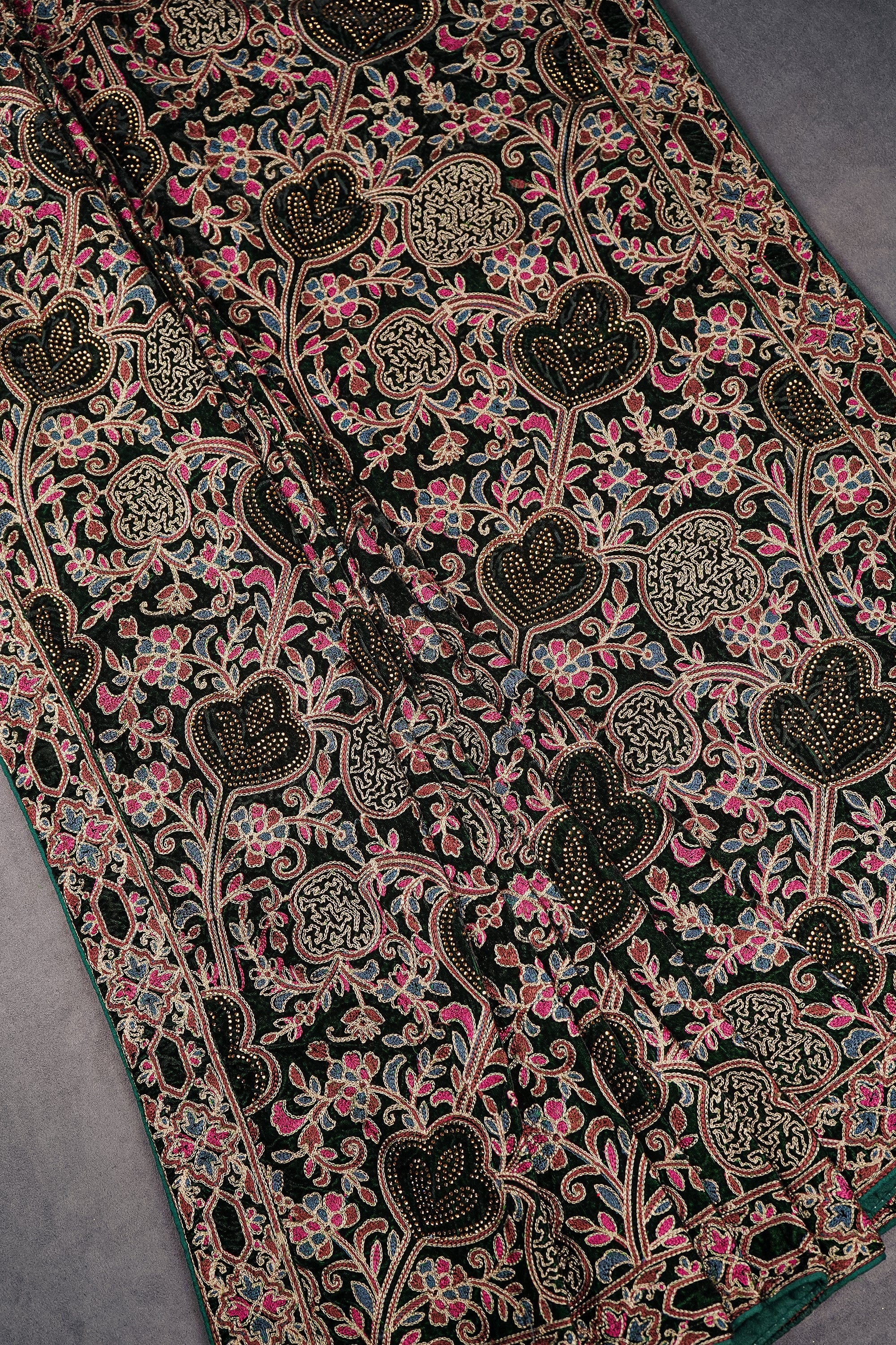 Bottle Green Velvet Dupatta With All Over Thread And Sarwoski Work 16090