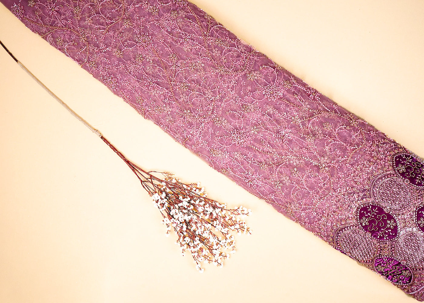 Onion Imported Net Fabric with Allover Sequins and Katdana Work with One-Side Patch Work Border 16092