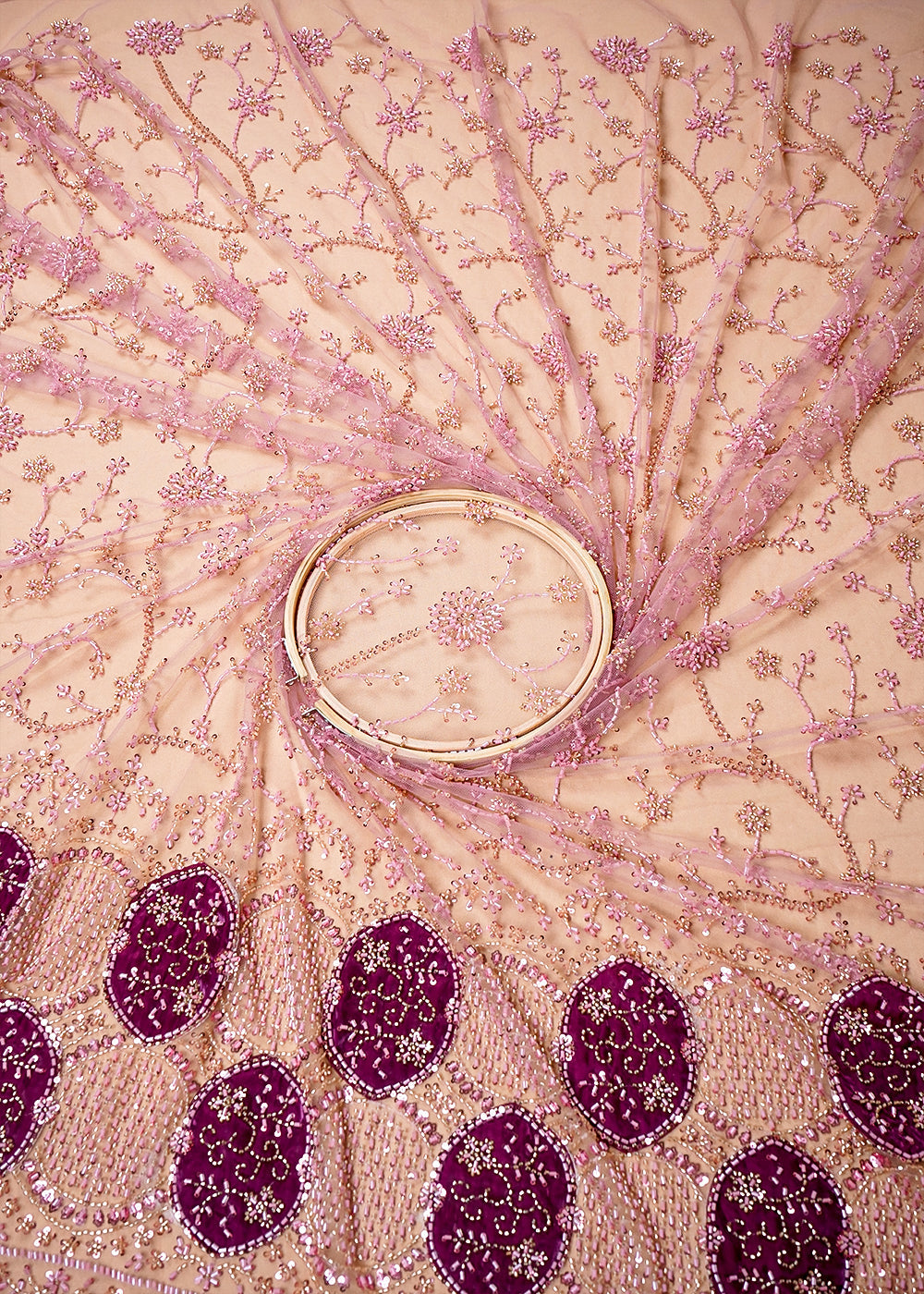 Onion Imported Net Fabric with Allover Sequins and Katdana Work with One-Side Patch Work Border 16092