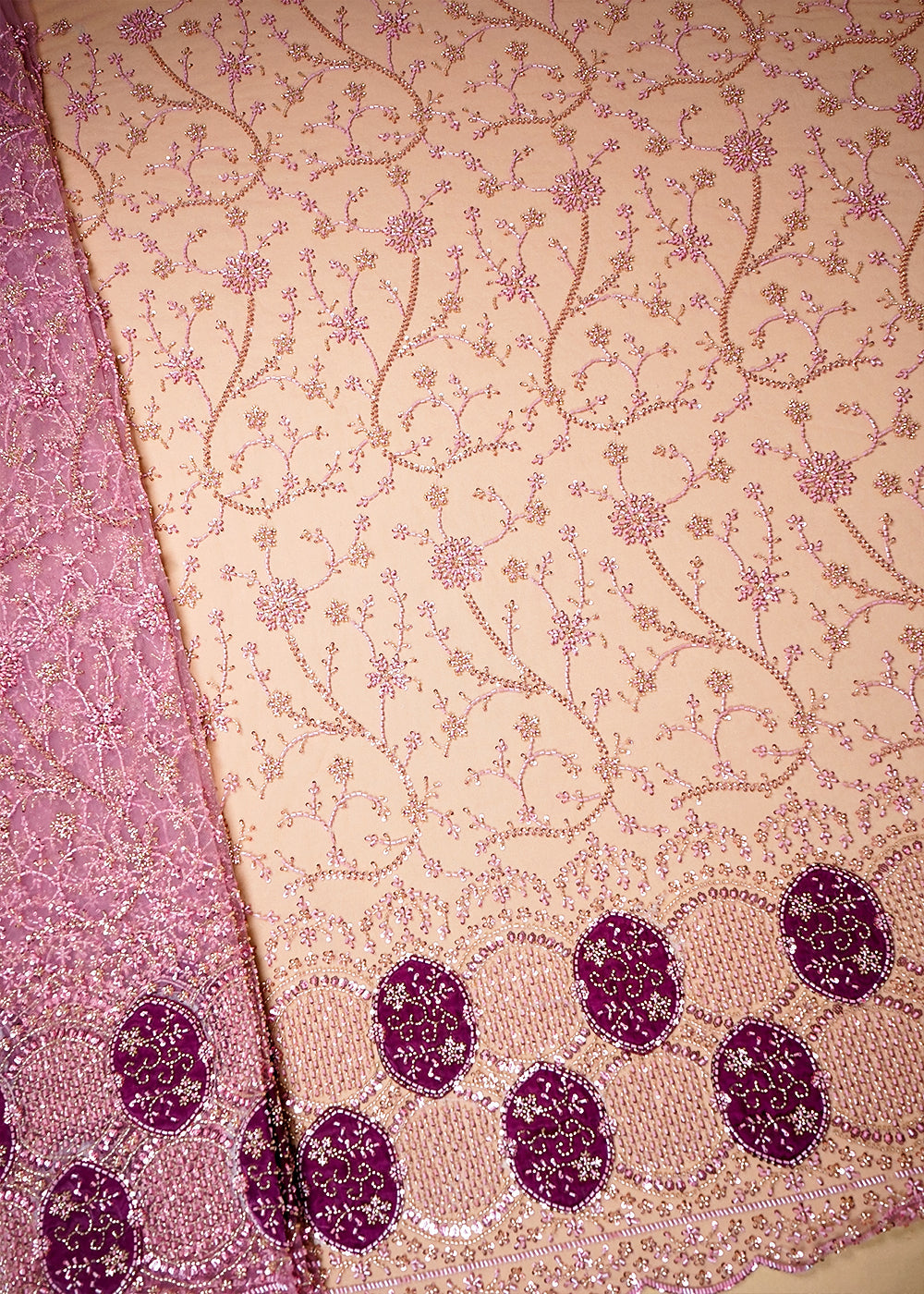 Onion Imported Net Fabric with Allover Sequins and Katdana Work with One-Side Patch Work Border 16092