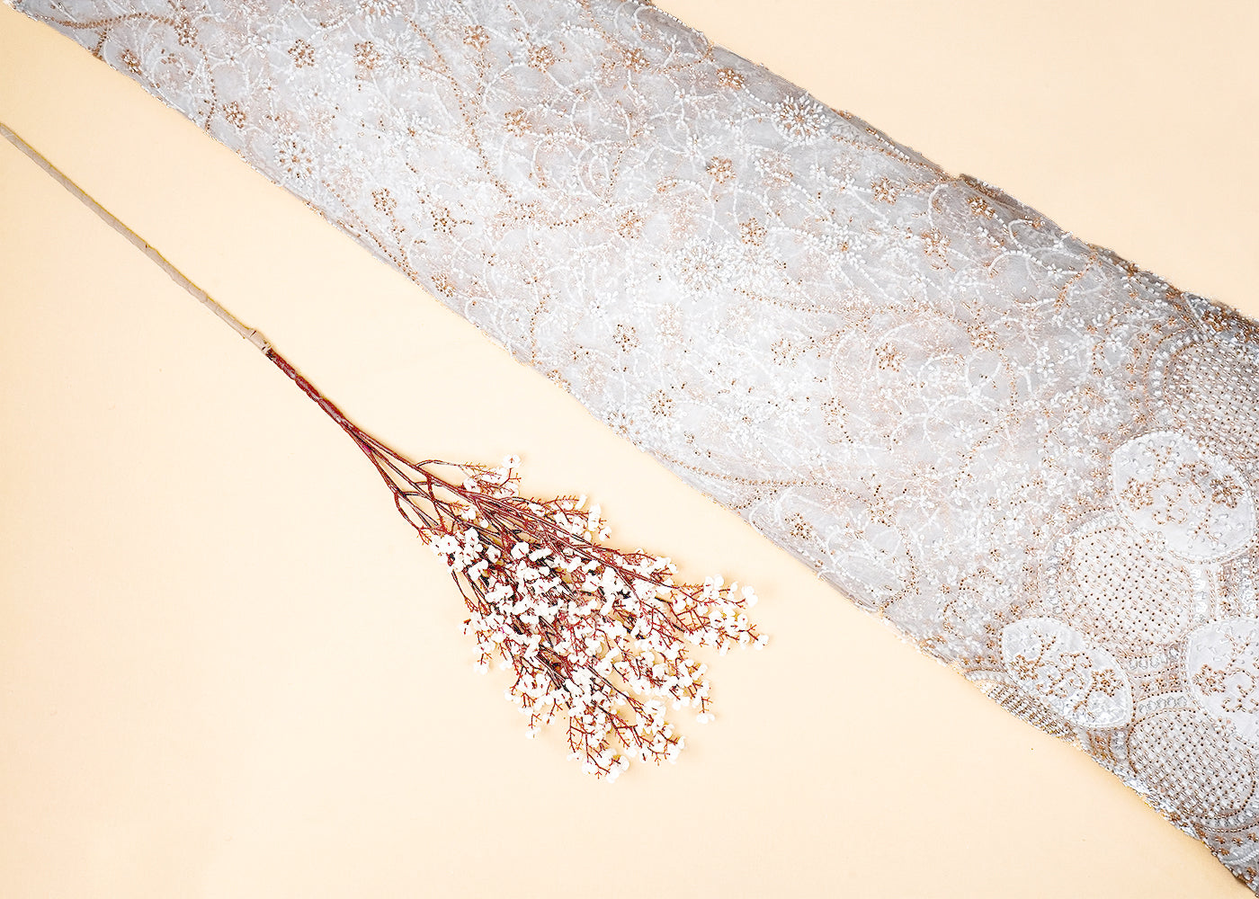 White Imported Net Fabric with Allover Sequins and Katdana Work with One-Side Patch Work Border 16093