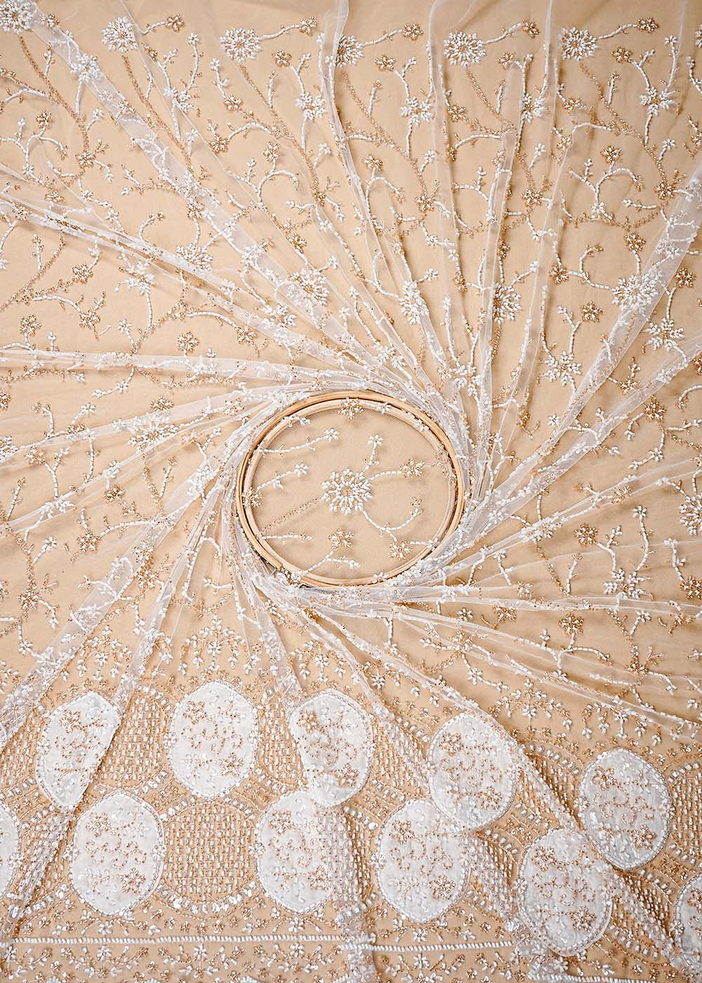 White Imported Net Fabric with Allover Sequins and Katdana Work with One-Side Patch Work Border 16093