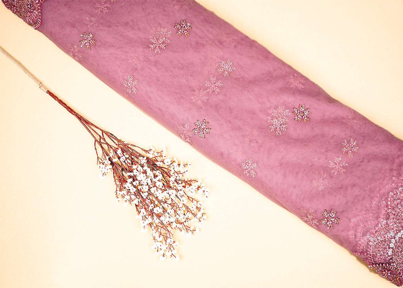 Onion Imported Net Dupatta Fabric with Allover Sequins and Katdana Work with Two-Side Scalloped Border 16096