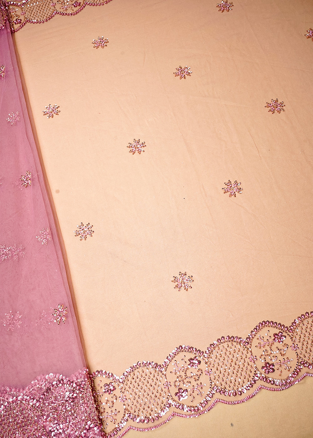 Onion Imported Net Dupatta Fabric with Allover Sequins and Katdana Work with Two-Side Scalloped Border 16096
