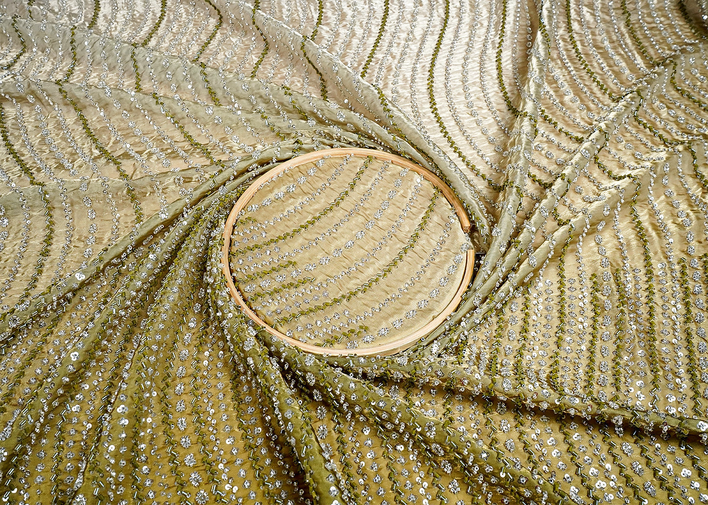 Mehendi Green Jimmy Choo Fabric With Allover Sequins and Katdana Work With Scalloped Border 16097