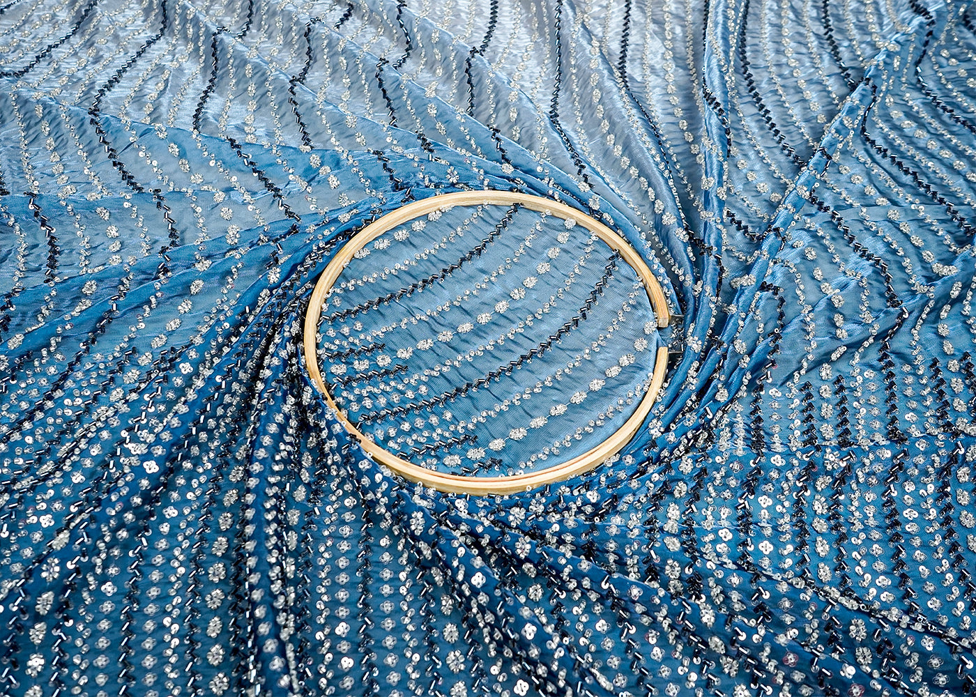 Navy Blue Jimmy Choo Fabric With Allover Sequins and Katdana Work With Scalloped Border 16098