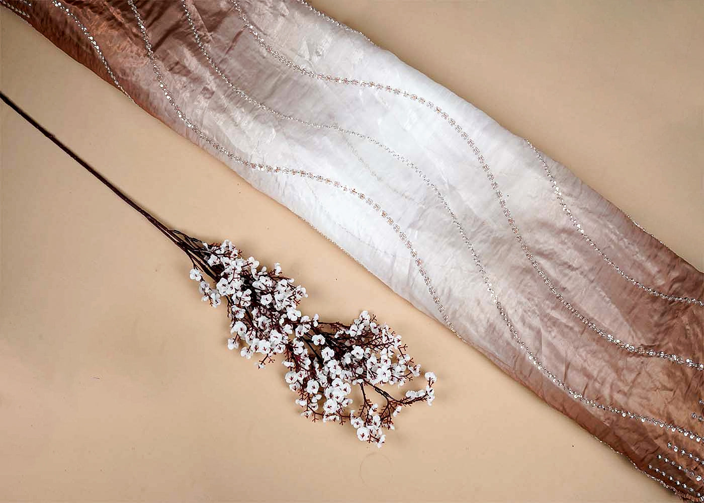 Beige Jimmy Choo Dupatta Fabric With Katdana and Sequins Work With Two Side Border 16104