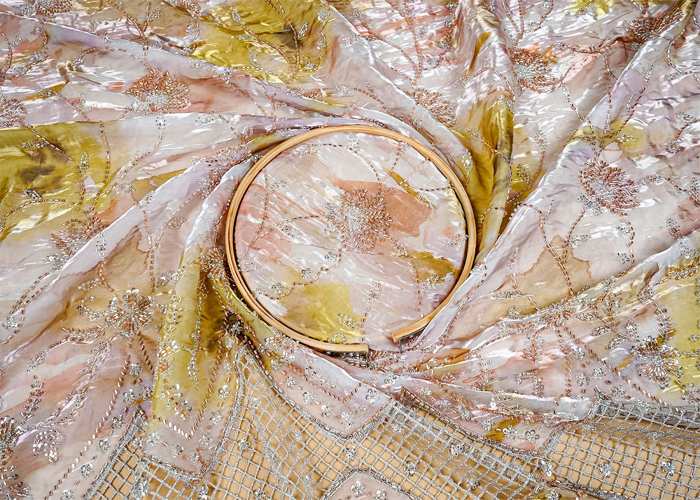 Blush Pink Organza Satin Fabric with All Over Katdana and Sequins Work with One Side Heavy Cutwork Border 16105