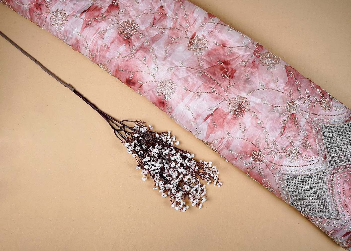 Light Pink Organza Satin Fabric with All Over Katdana and Sequins Work with One Side Heavy Cutwork Border 16108