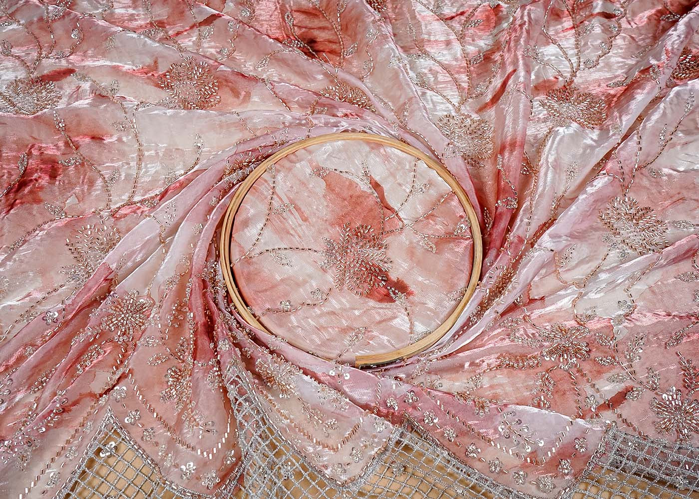Light Pink Organza Satin Fabric with All Over Katdana and Sequins Work with One Side Heavy Cutwork Border 16108