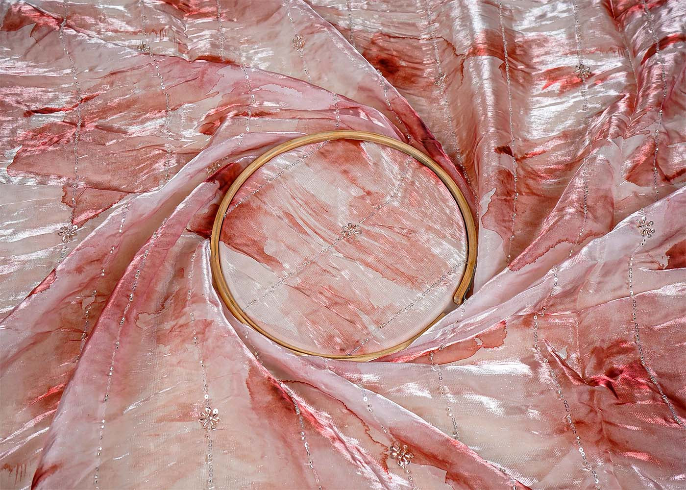 Light Pink Organza Satin Fabric with All Over Katdana and Sequins Work with One Side Heavy Cutwork Border 16111