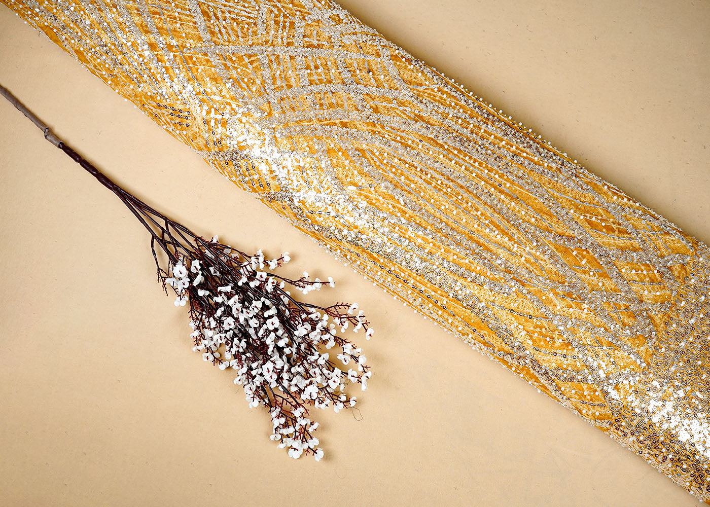Mustard Imported Net Fabric With Allover Sequins Katdana and Pearl Work 16114